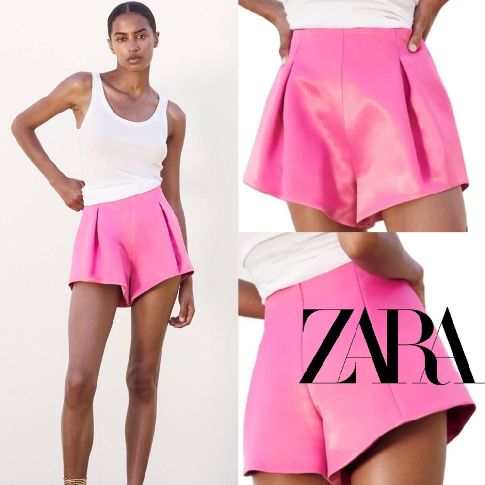 Zara NWT Satin Effect Balloon Pink Fuchsia Summer Mini Shorts XS